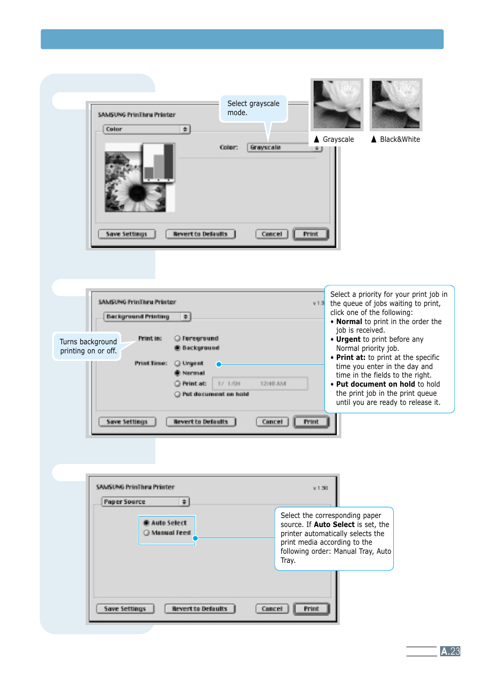 Color background printing, Paper source, Using your printer with macintosh | Samsung ML-1200 Series User Manual | Page 121 / 128