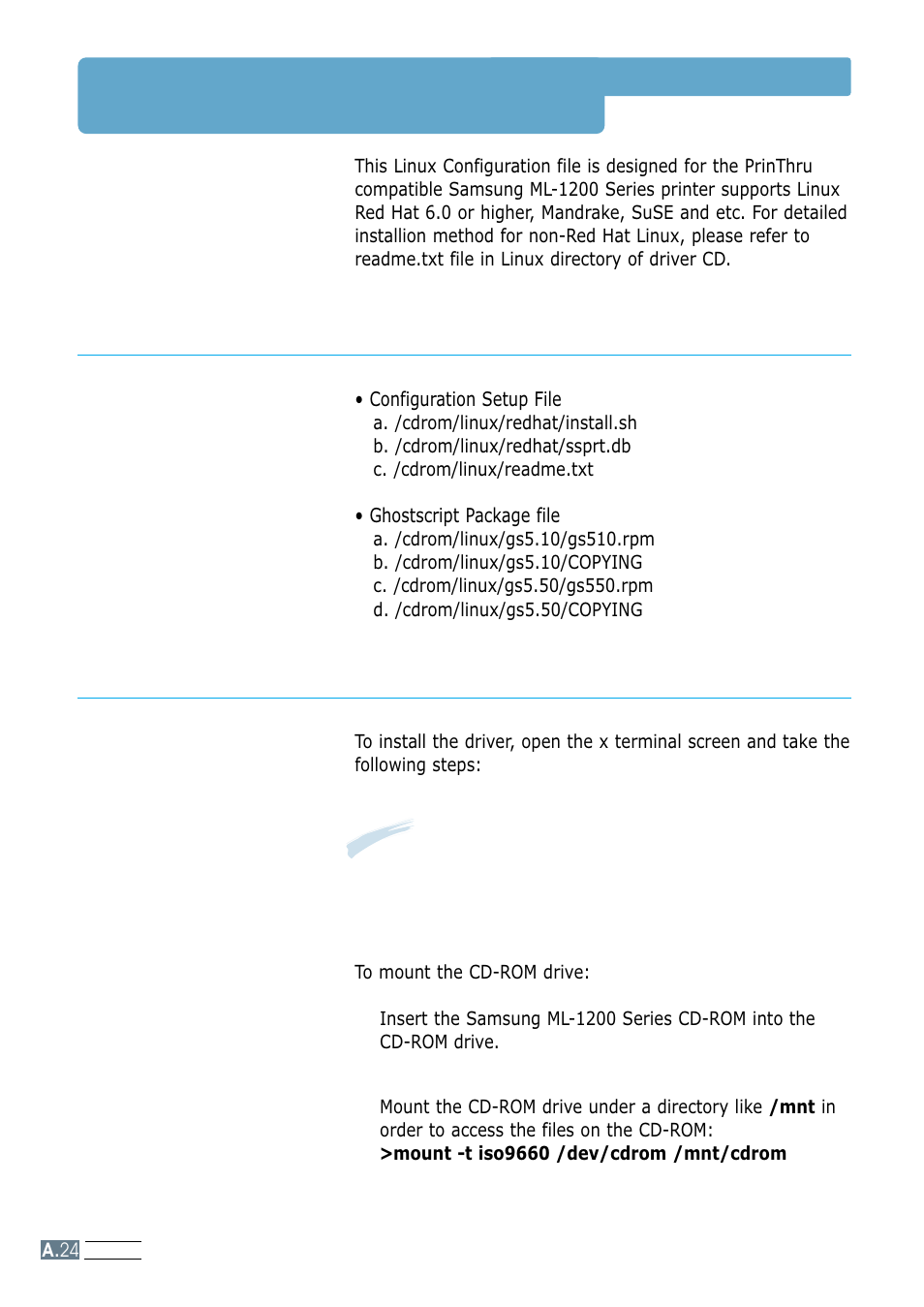 Linux driver installation, Linux driver configuration, Installation | Mount the cd-rom drive | Samsung ML-1200 Series User Manual | Page 122 / 128