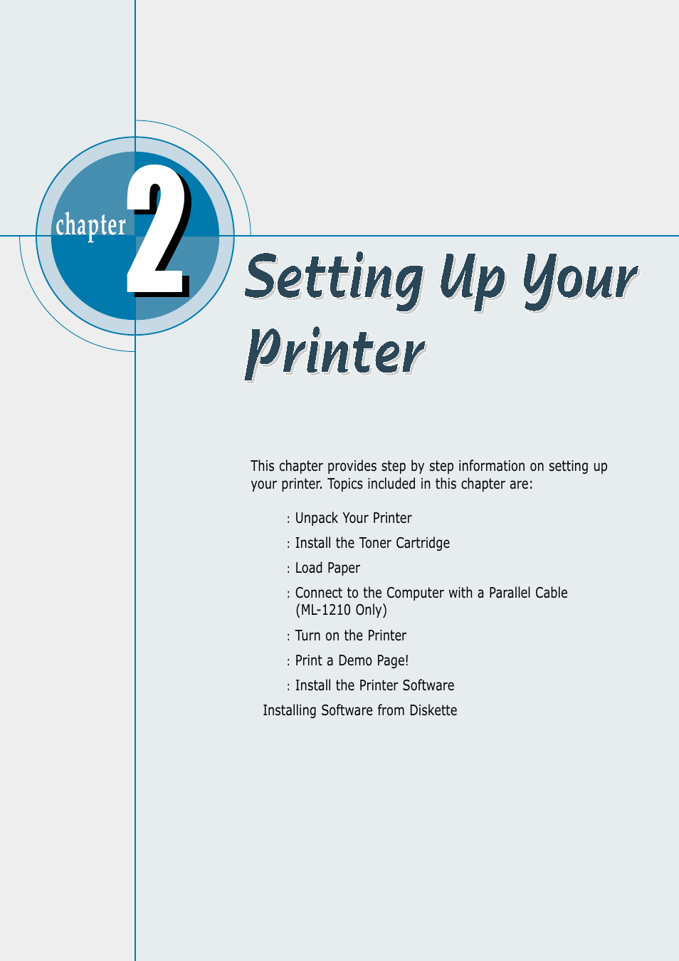 Setting up your printer, Chapter | Samsung ML-1200 Series User Manual | Page 14 / 128