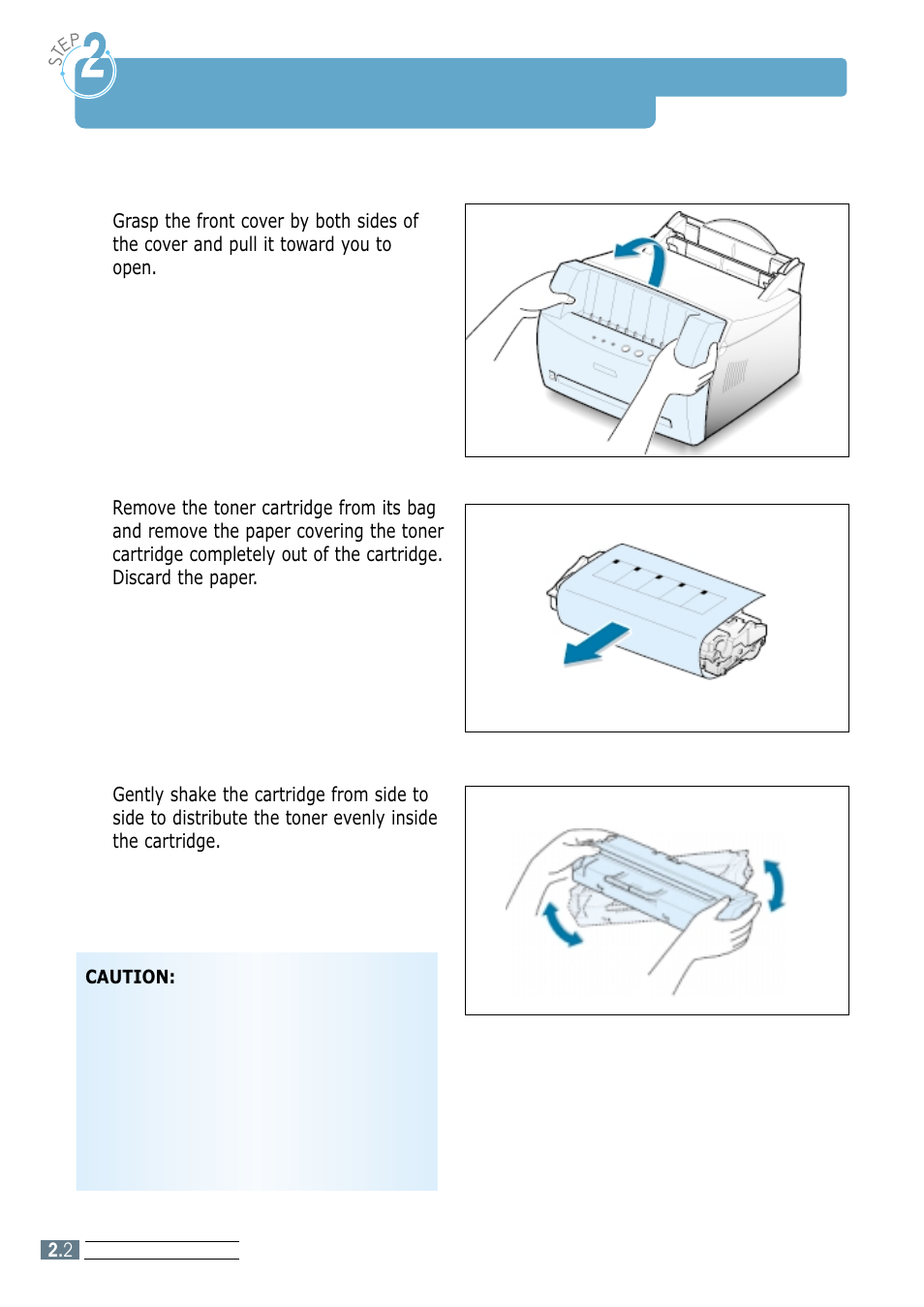 Install the toner cartridge, Step 2 | Samsung ML-1200 Series User Manual | Page 16 / 128