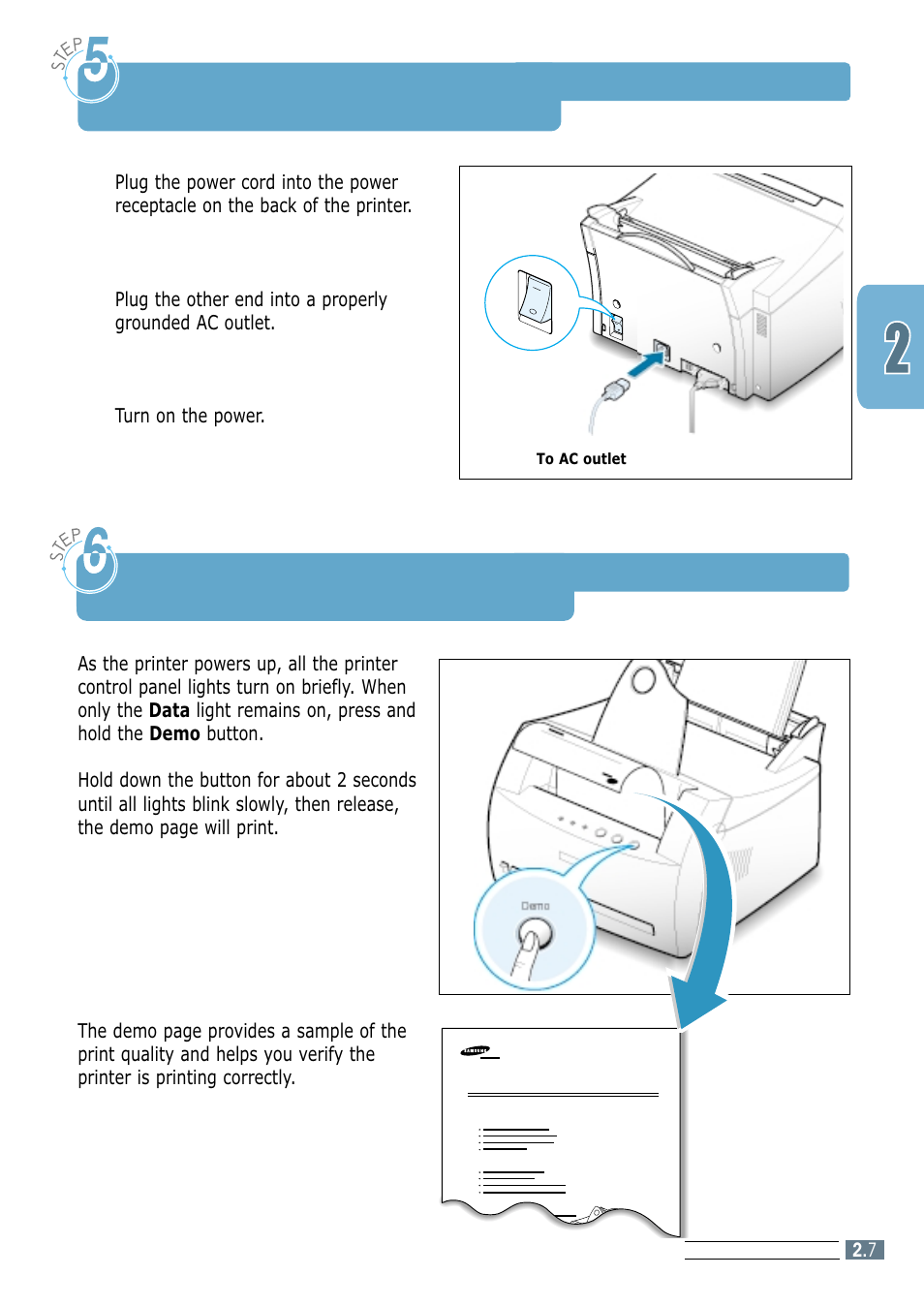 Turn on the printer, Step 5, Step 6 | Print a demo page | Samsung ML-1200 Series User Manual | Page 21 / 128