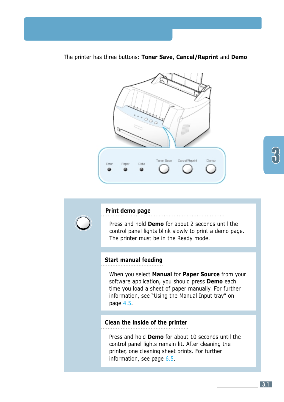 Control panel buttons | Samsung ML-1200 Series User Manual | Page 31 / 128