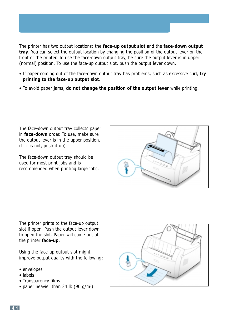 Selecting the output location, Printing to the face-down output tray, Printing to the face-up output slot | Samsung ML-1200 Series User Manual | Page 38 / 128
