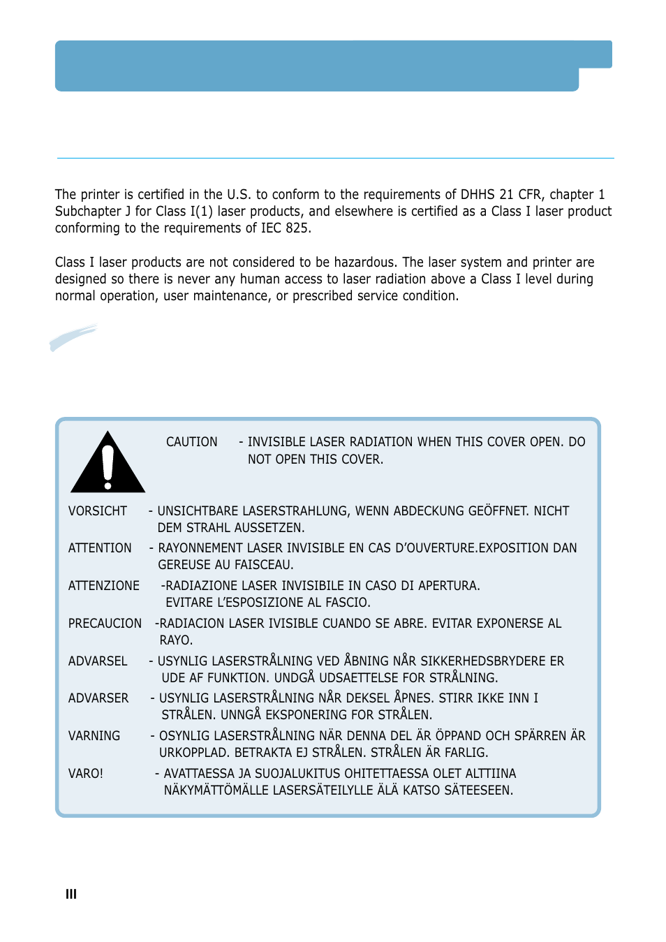 Environmental and safety consideration, Laser safety statement | Samsung ML-1200 Series User Manual | Page 5 / 128