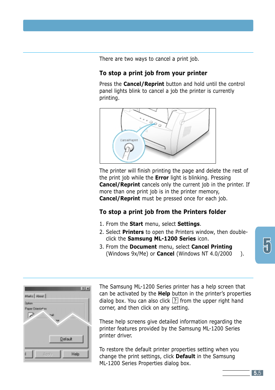Canceling a print job, Using help, Canceling a print job using help | Printing a document | Samsung ML-1200 Series User Manual | Page 53 / 128