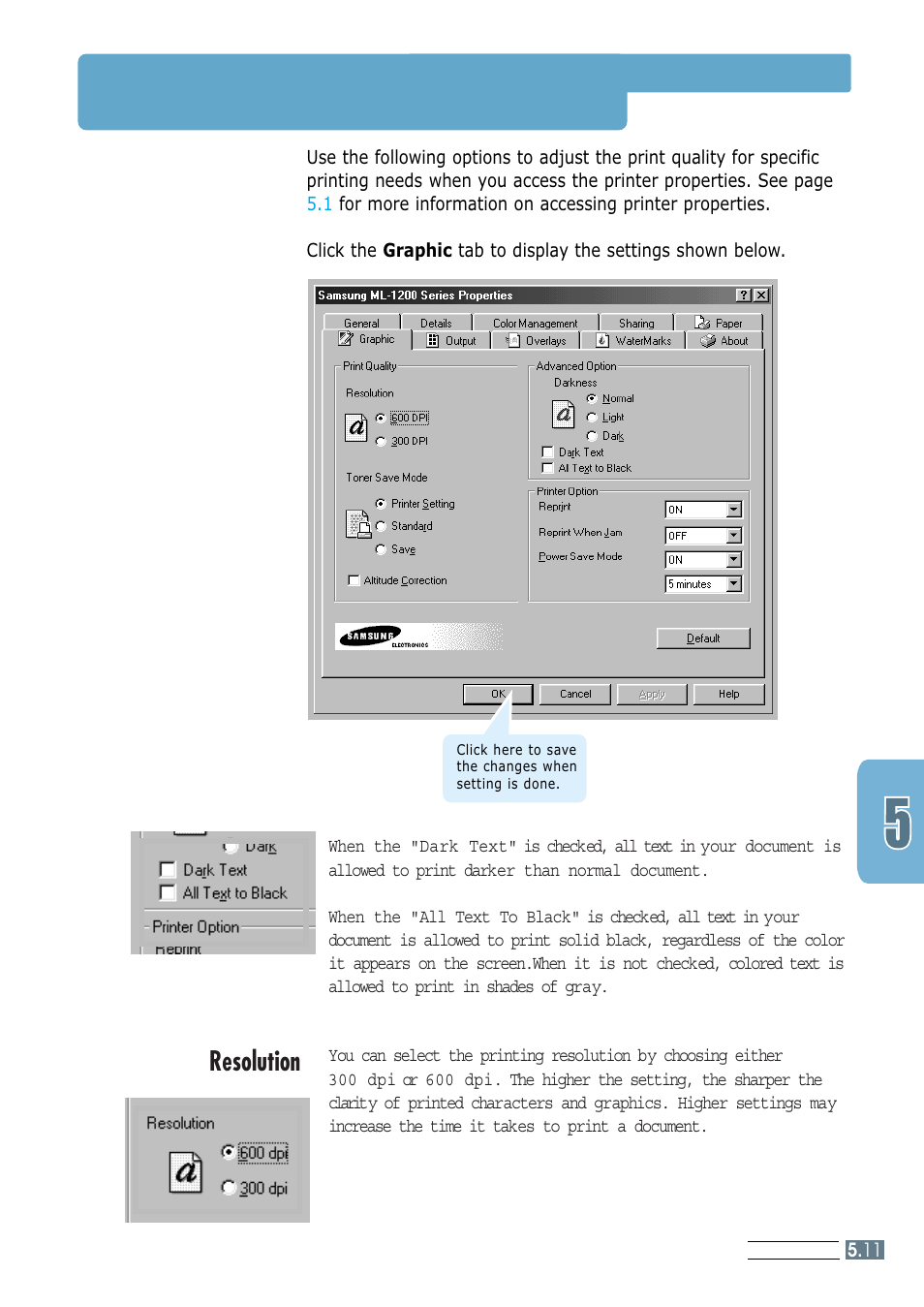 Setting graphic properties, Resolution | Samsung ML-1200 Series User Manual | Page 59 / 128