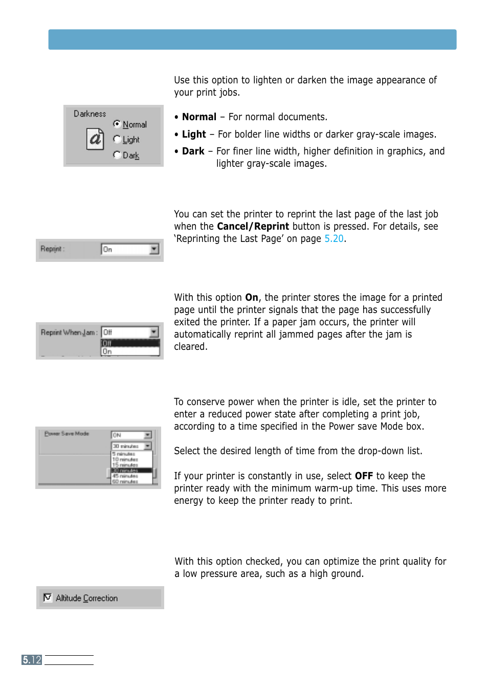 Darkness, Reprint when jam, Reprint | Altitude correction, Power save mode, Setting graphic properties | Samsung ML-1200 Series User Manual | Page 60 / 128