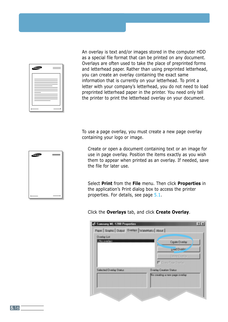 Using page overlay, What is an overlay, Creating a new page overlay | Samsung ML-1200 Series User Manual | Page 64 / 128