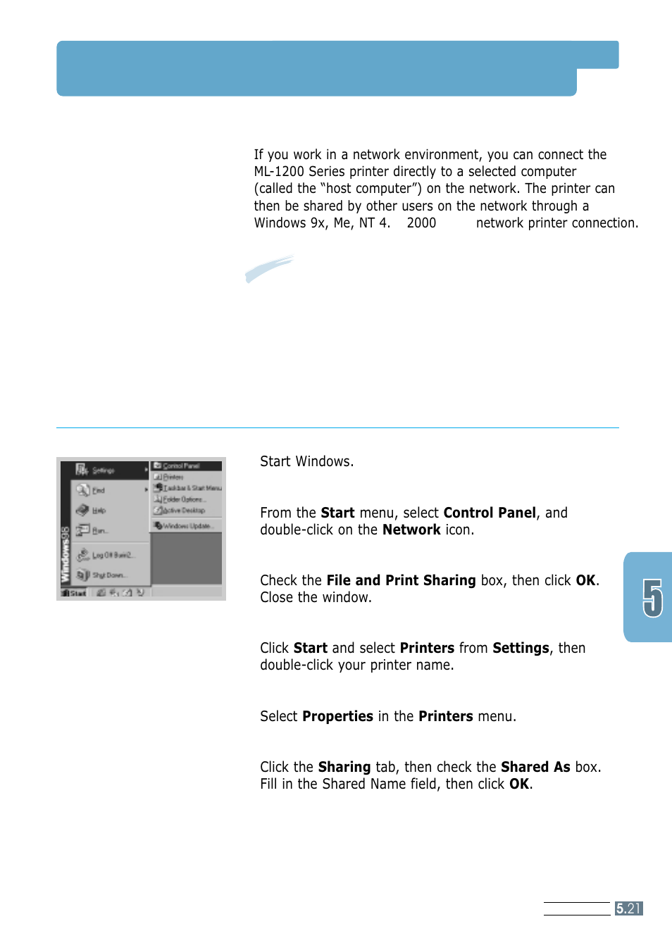 Printing in a network environment, Setting up the host computer | Samsung ML-1200 Series User Manual | Page 69 / 128