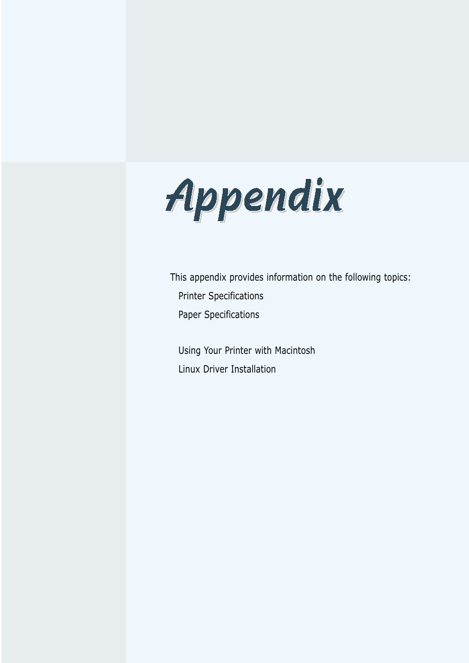 Appendices, Appendix | Samsung ML-1200 Series User Manual | Page 98 / 128