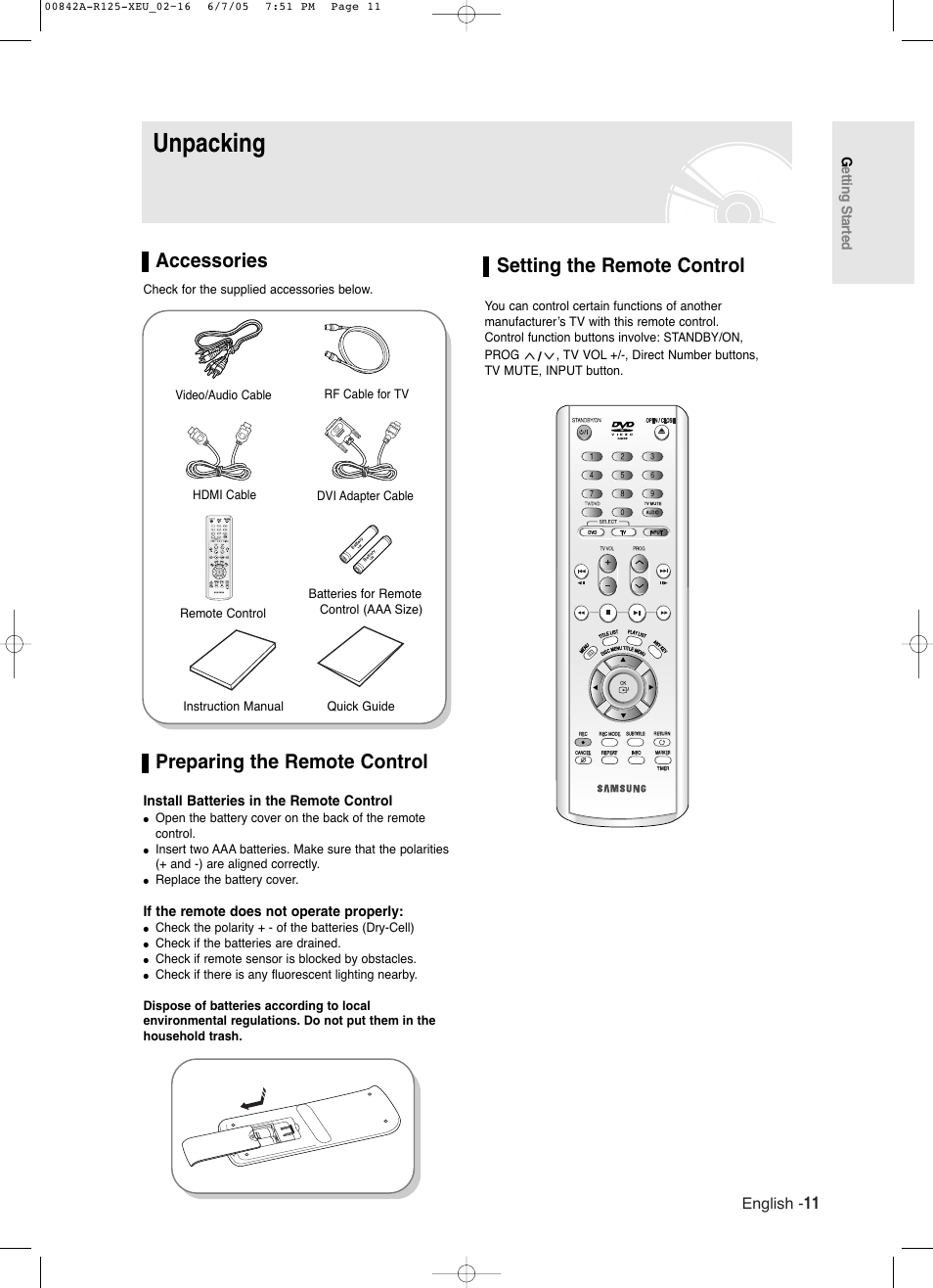 Unpacking, Accessories, Preparing the remote control | Setting the remote control | Samsung DVD-R125 User Manual | Page 11 / 93