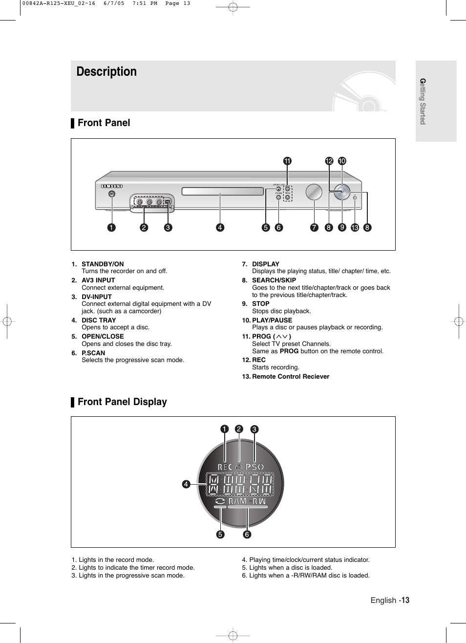 Description, Front panel, Front panel display | Front panel front panel display | Samsung DVD-R125 User Manual | Page 13 / 93