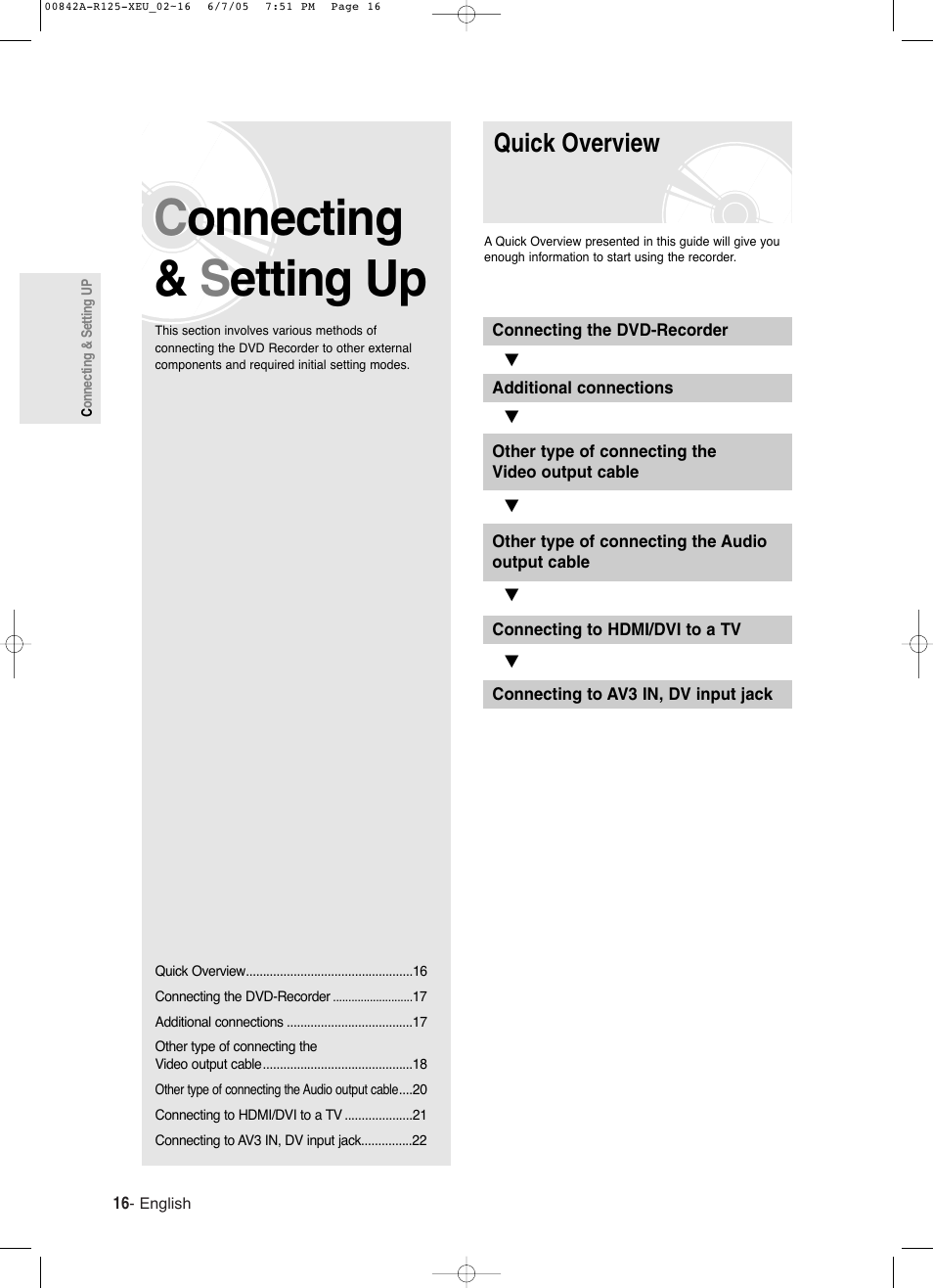 Connecting & setting up, Quick overview, Connecting & s etting up | Samsung DVD-R125 User Manual | Page 16 / 93