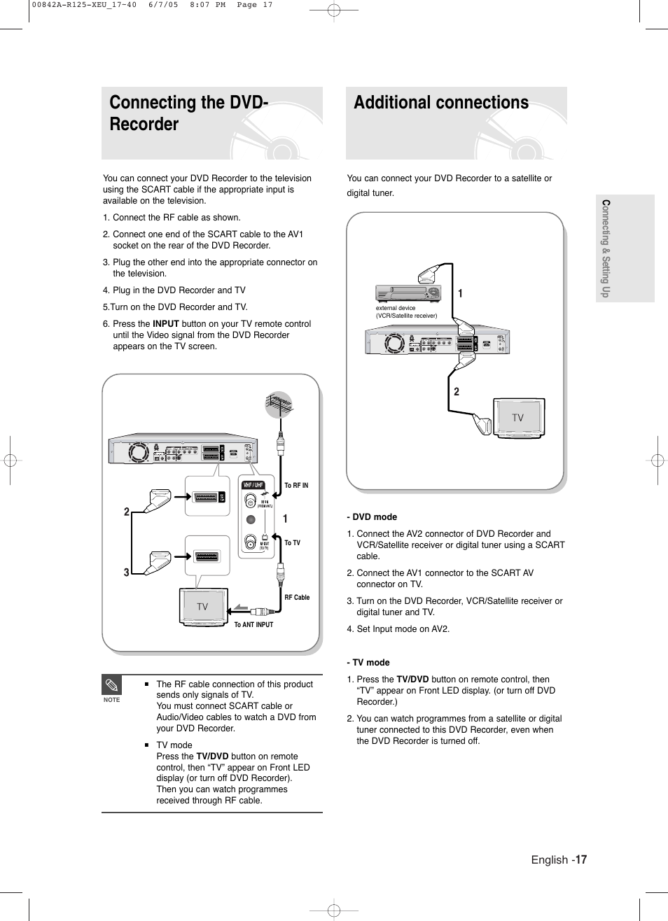 Connecting the dvd-recorder, Additional connections | Samsung DVD-R125 User Manual | Page 17 / 93