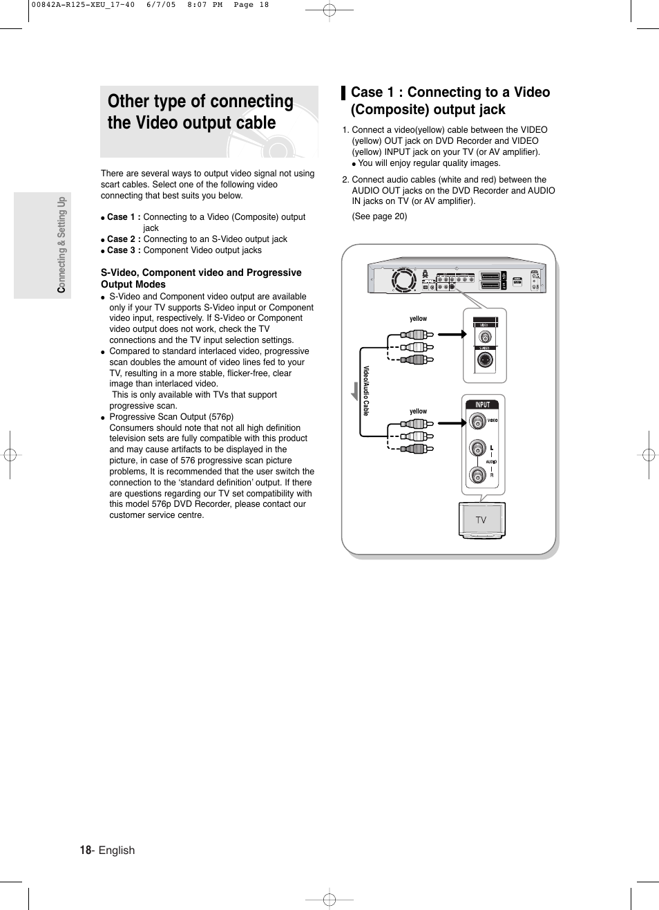 Other type of connecting the video output cable, English | Samsung DVD-R125 User Manual | Page 18 / 93