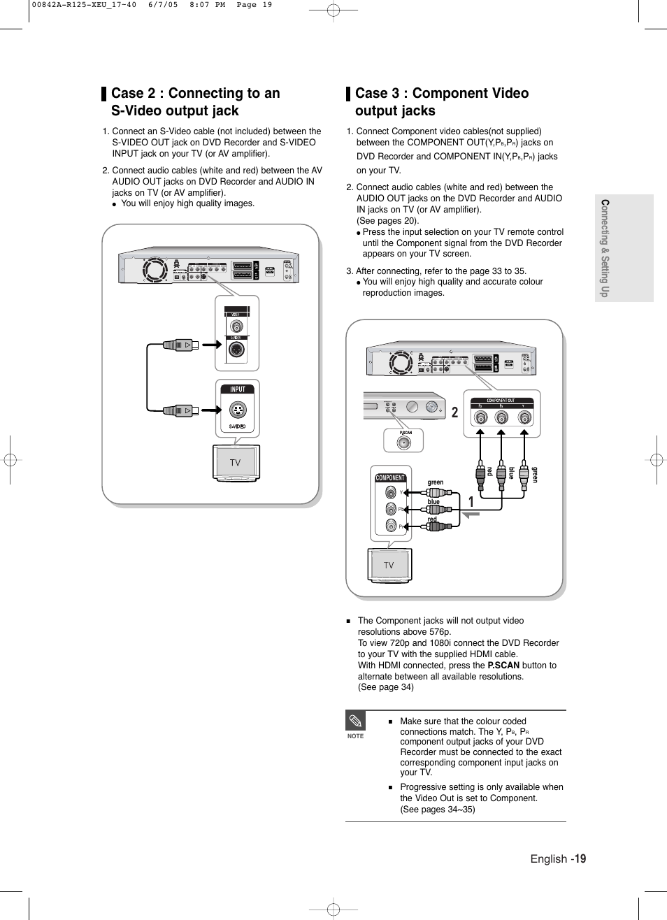 Case 2 : connecting to an s-video output jack, Case 3 : component video output jacks, English | Samsung DVD-R125 User Manual | Page 19 / 93