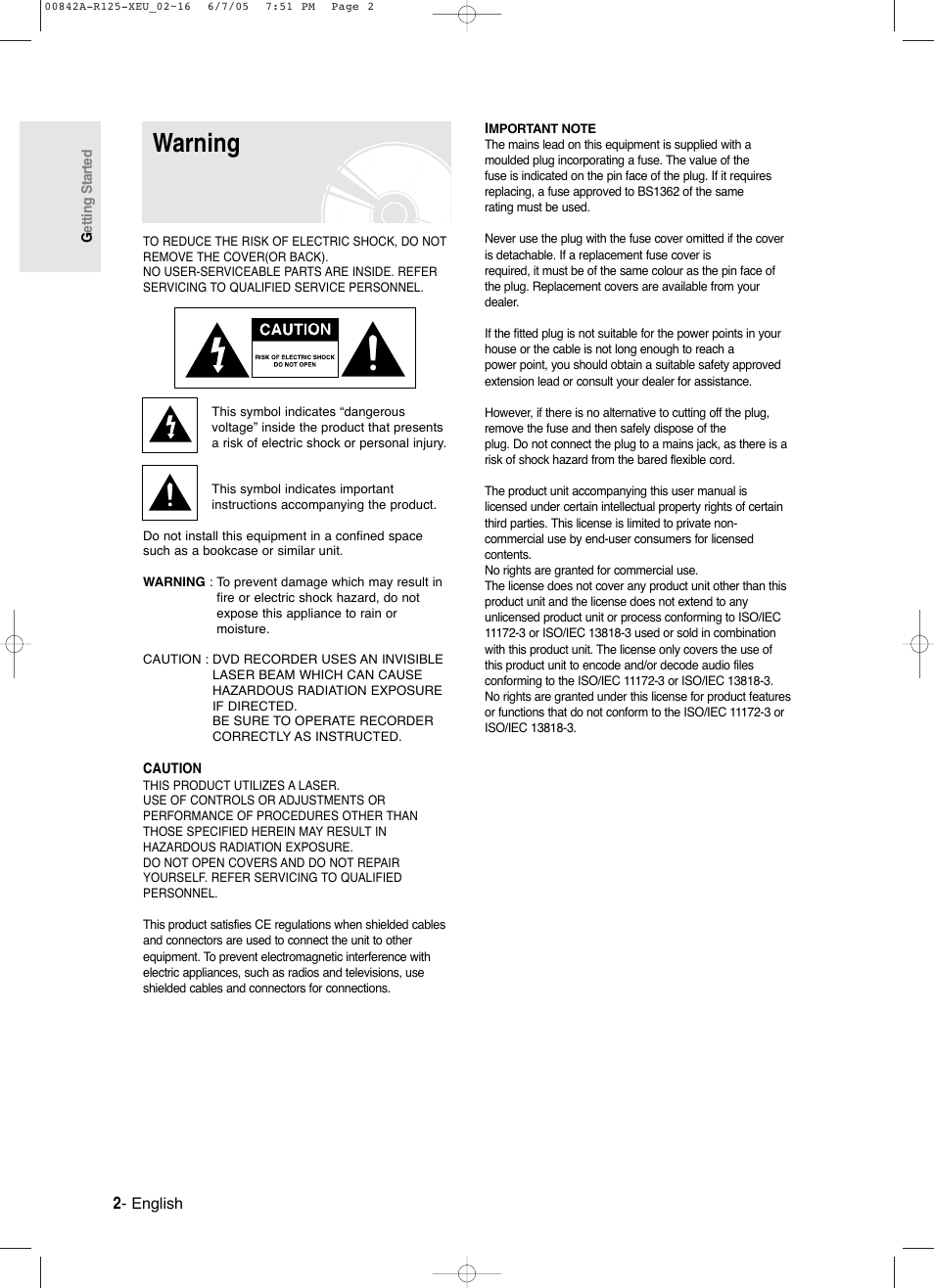 Getting started, Warning | Samsung DVD-R125 User Manual | Page 2 / 93