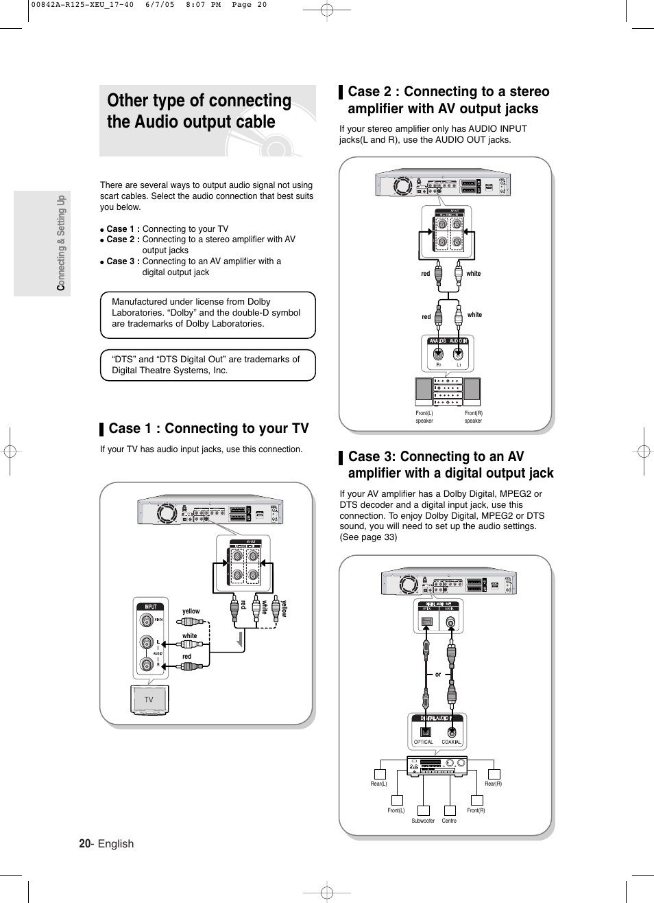 Other type of connecting the audio output cable, Case 1 : connecting to your tv, English | Samsung DVD-R125 User Manual | Page 20 / 93