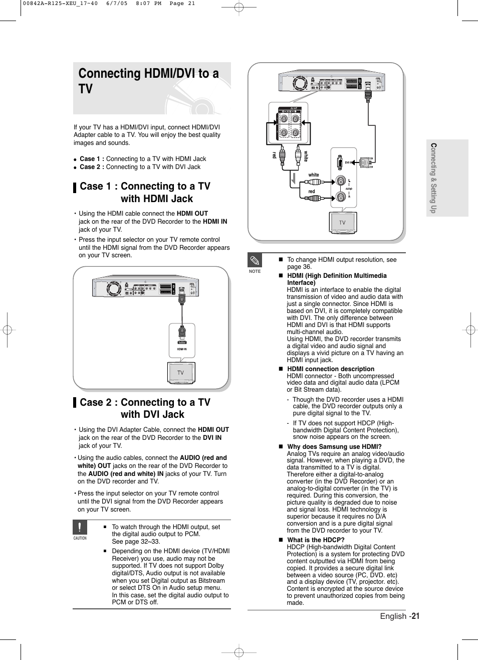 Connecting hdmi/dvi to a tv, Case 1 : connecting to a tv with hdmi jack, Case 2 : connecting to a tv with dvi jack | Samsung DVD-R125 User Manual | Page 21 / 93