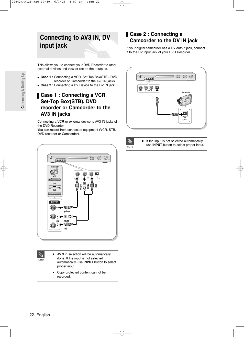 Connecting to av3 in, dv input jack, Case 2 : connecting a camcorder to the dv in jack, English | Samsung DVD-R125 User Manual | Page 22 / 93