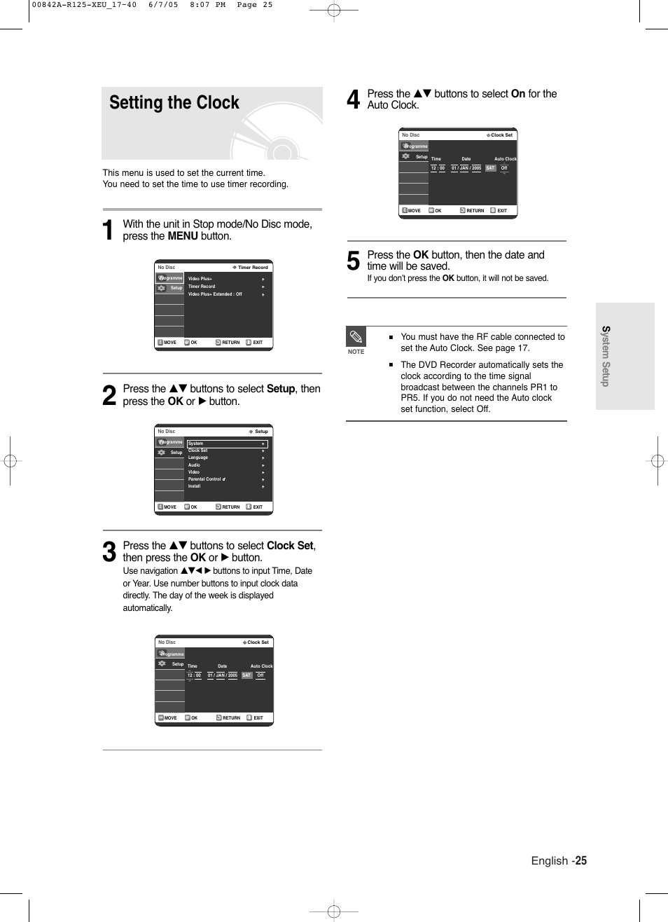 Setting the clock, English, System setup | Samsung DVD-R125 User Manual | Page 25 / 93