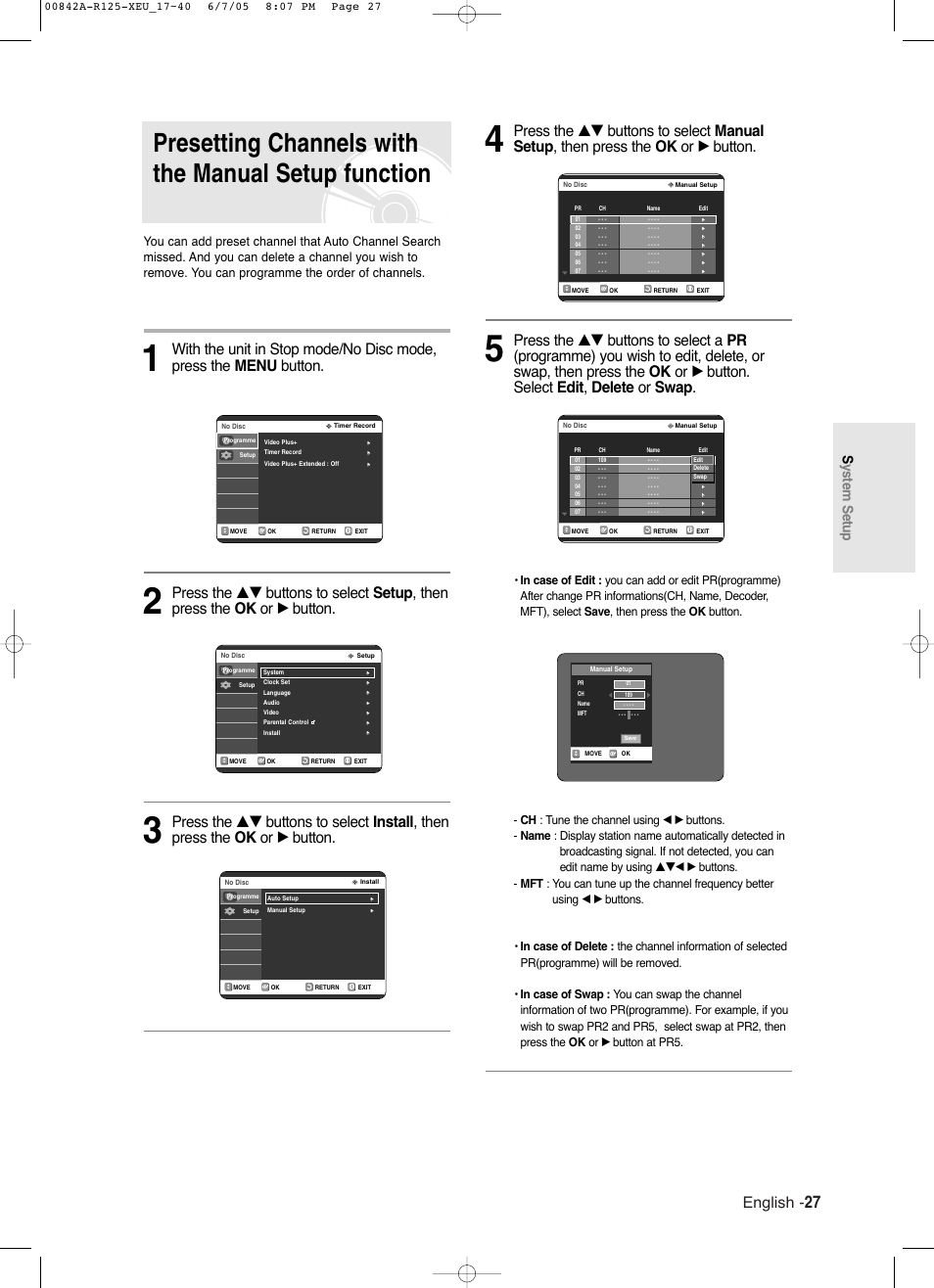 Presetting channels with the manual setup function, English, System setup | Samsung DVD-R125 User Manual | Page 27 / 93