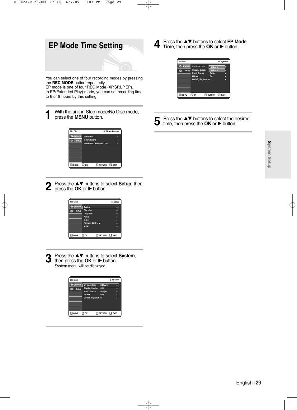 Ep mode time setting, English, System setup | System menu will be displayed | Samsung DVD-R125 User Manual | Page 29 / 93