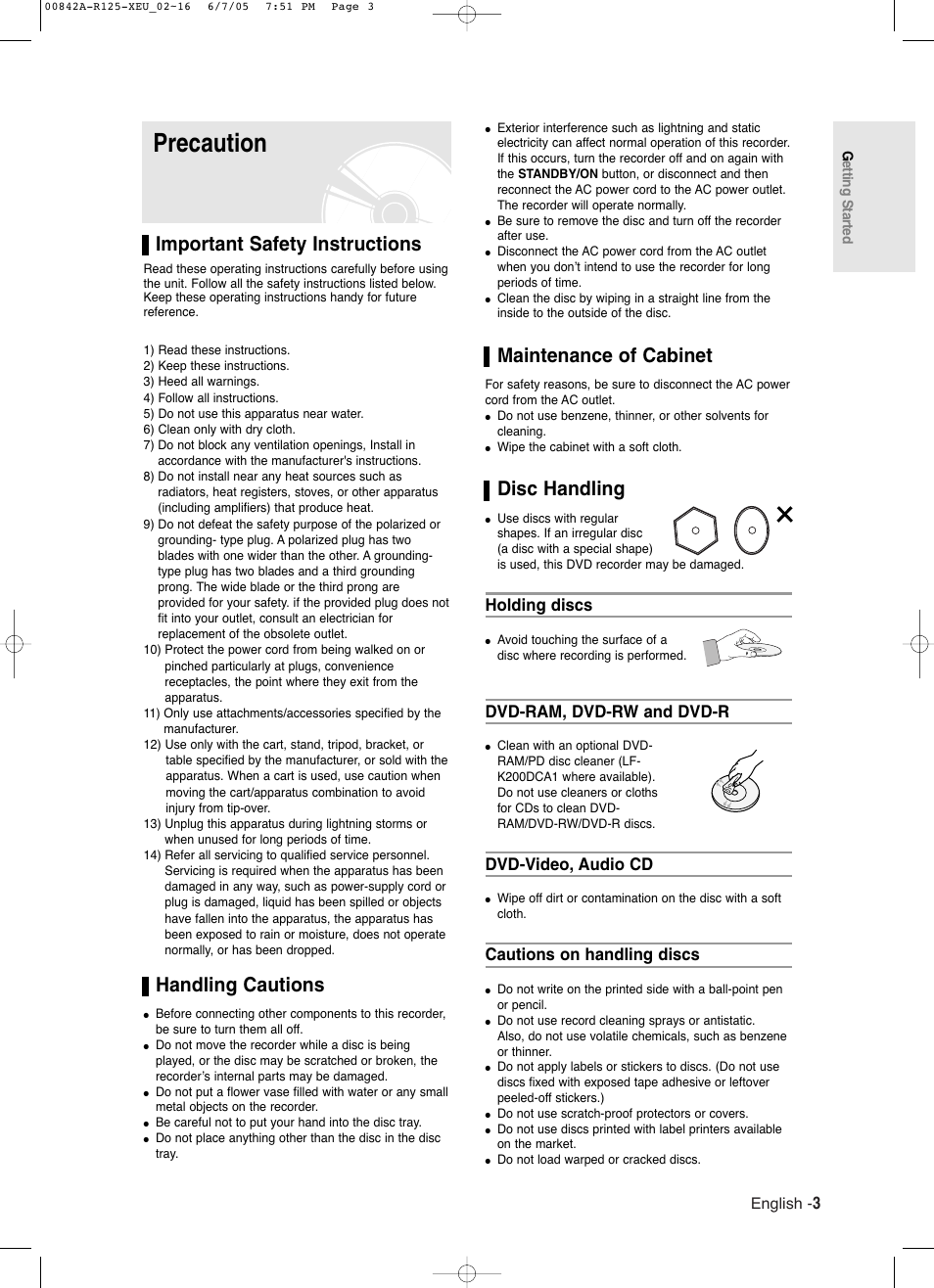 Precaution, Important safety instructions, Handling cautions | Maintenance of cabinet, Disc handling, Holding discs, Dvd-ram, dvd-rw and dvd-r, Dvd-video, audio cd, Cautions on handling discs, English | Samsung DVD-R125 User Manual | Page 3 / 93