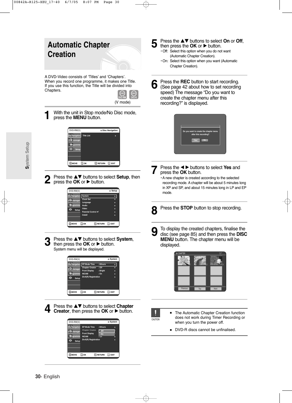 Automatic chapter creation, English, Press the stop button to stop recording | System setup, System menu will be displayed, Dvd-r discs cannot be unfinalised, V mode) | Samsung DVD-R125 User Manual | Page 30 / 93
