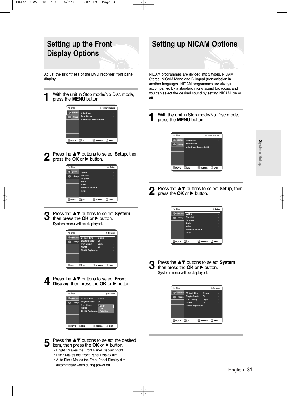 Setting up the front display options, Setting up nicam options, English | System setup, System menu will be displayed | Samsung DVD-R125 User Manual | Page 31 / 93