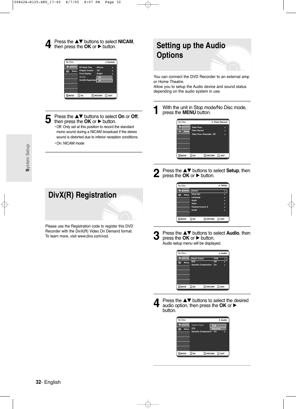 Divx(r) registration, Setting up the audio options, English | System setup, Audio setup menu will be displayed | Samsung DVD-R125 User Manual | Page 32 / 93
