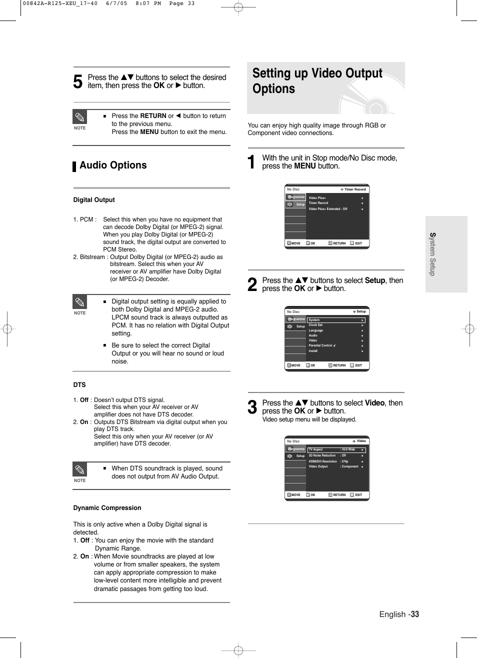 Audio options, Setting up video output options, English | System setup, Digital output, Video setup menu will be displayed | Samsung DVD-R125 User Manual | Page 33 / 93