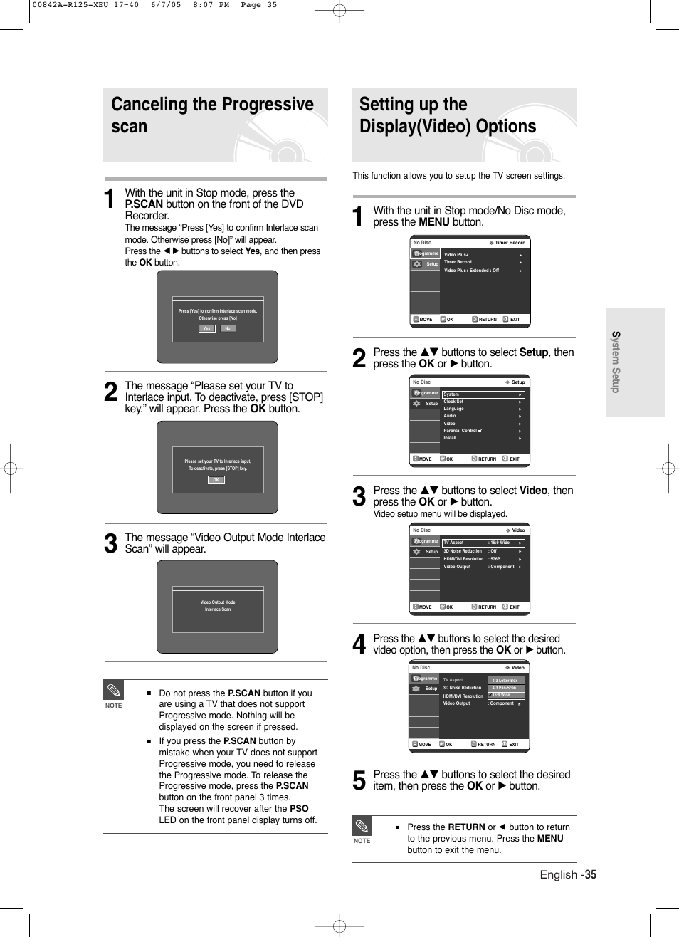 Canceling the progressive scan, Setting up the display(video) options, English | System setup, Video setup menu will be displayed | Samsung DVD-R125 User Manual | Page 35 / 93