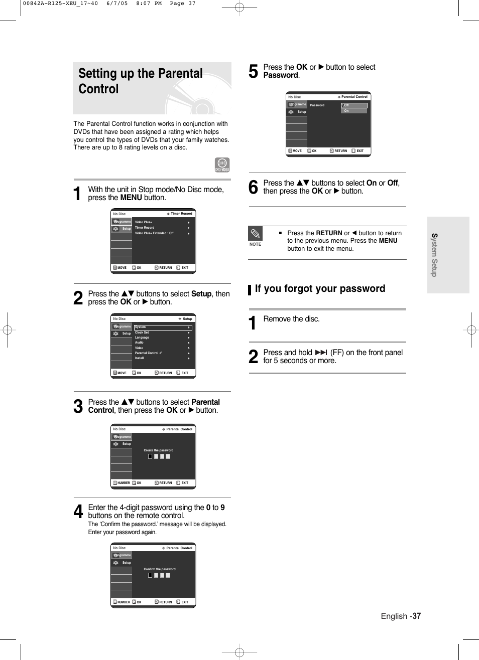 Setting up the parental control, If you forgot your password, English | Press the ok or √ button to select password, Remove the disc, System setup | Samsung DVD-R125 User Manual | Page 37 / 93