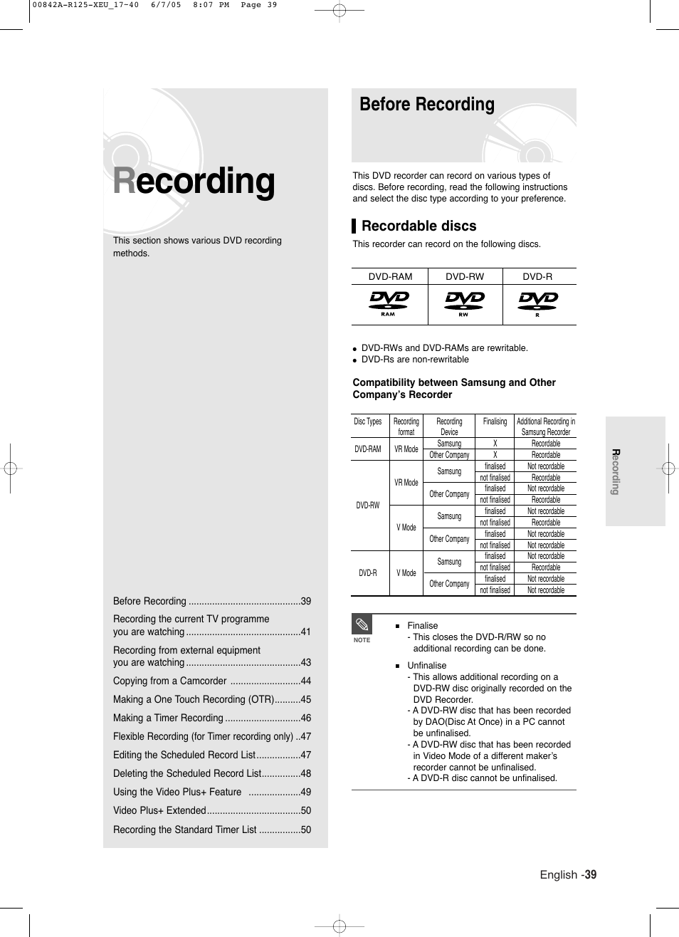 Recording, Before recording, Recordable discs | Samsung DVD-R125 User Manual | Page 39 / 93