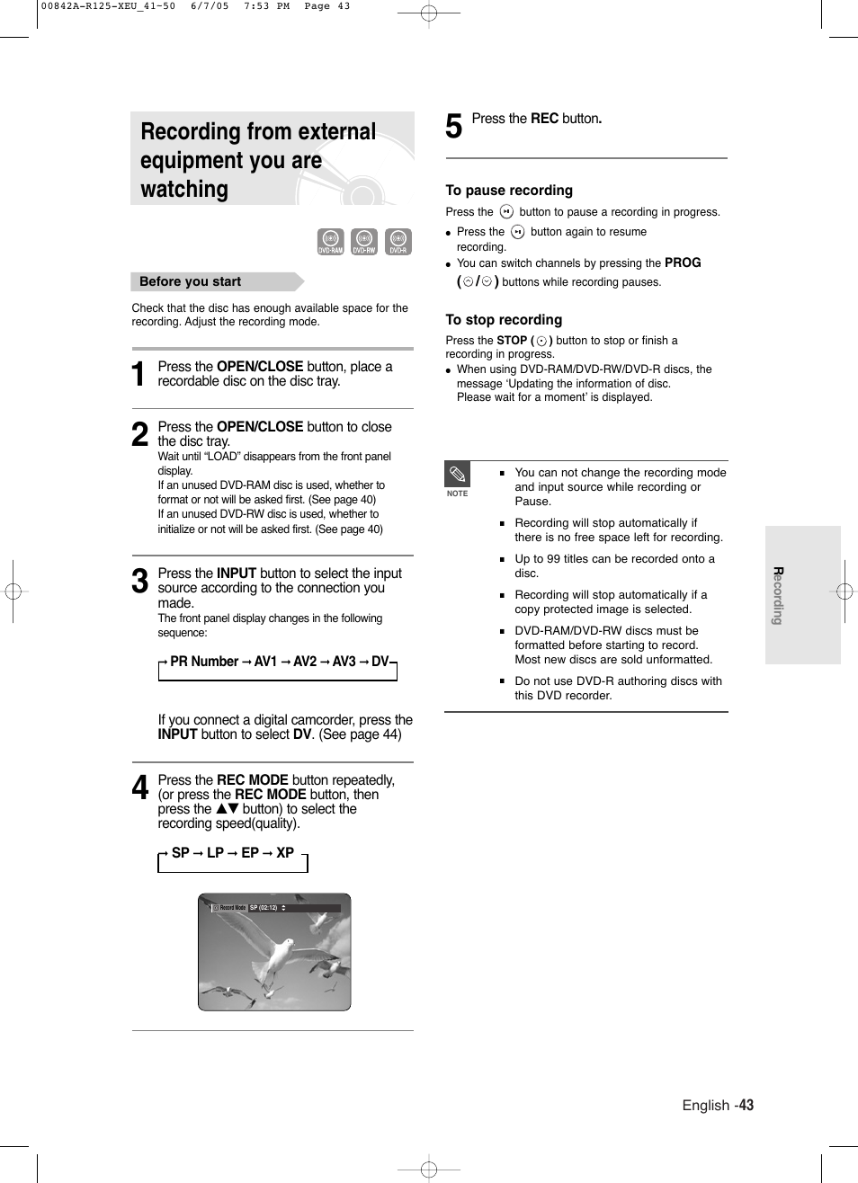 Recording from external equipment you are watching | Samsung DVD-R125 User Manual | Page 43 / 93