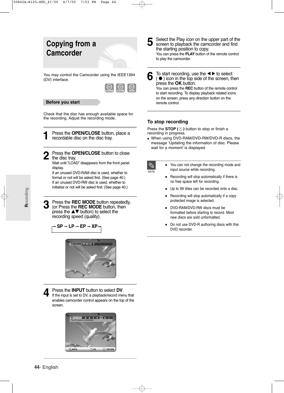 Copying from a camcorder | Samsung DVD-R125 User Manual | Page 44 / 93