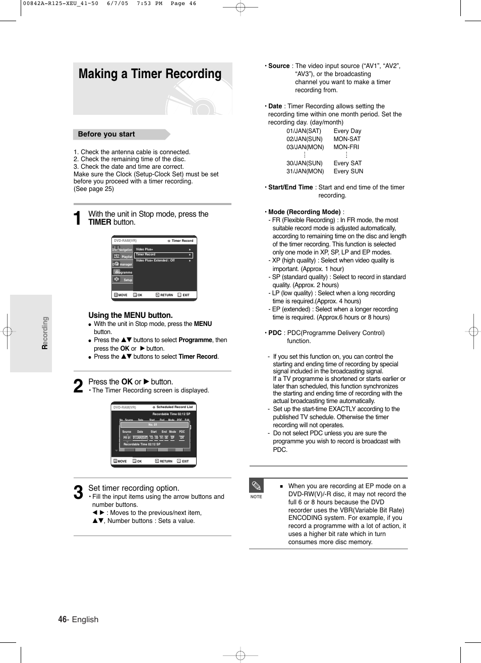 Making a timer recording, English, Press the ok or √ button | Set timer recording option, Before you start, Recording | Samsung DVD-R125 User Manual | Page 46 / 93