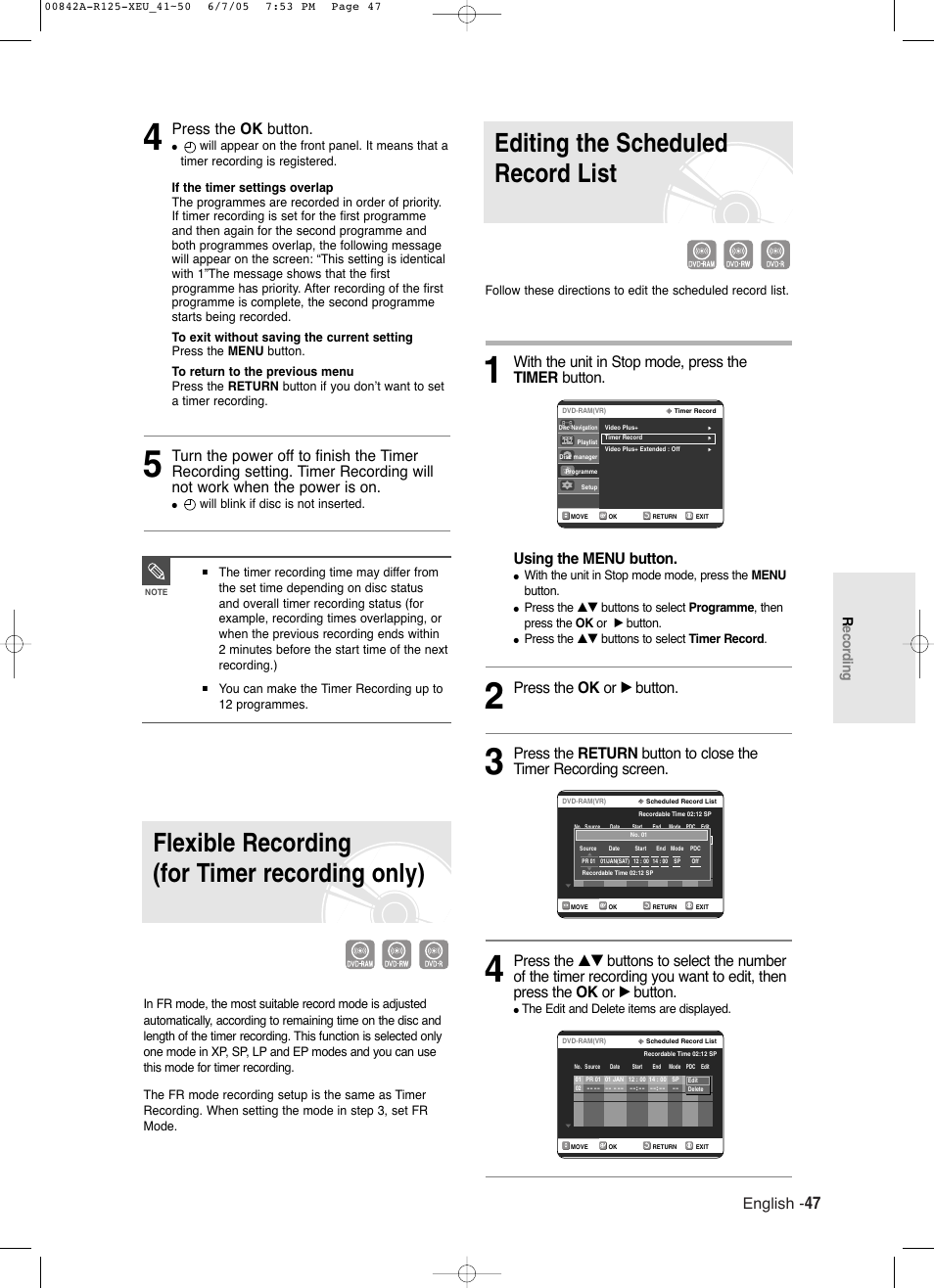 Flexible recording (for timer recording only), Editing the scheduled record list, English | Press the ok button, Press the ok or √ button, Recording | Samsung DVD-R125 User Manual | Page 47 / 93