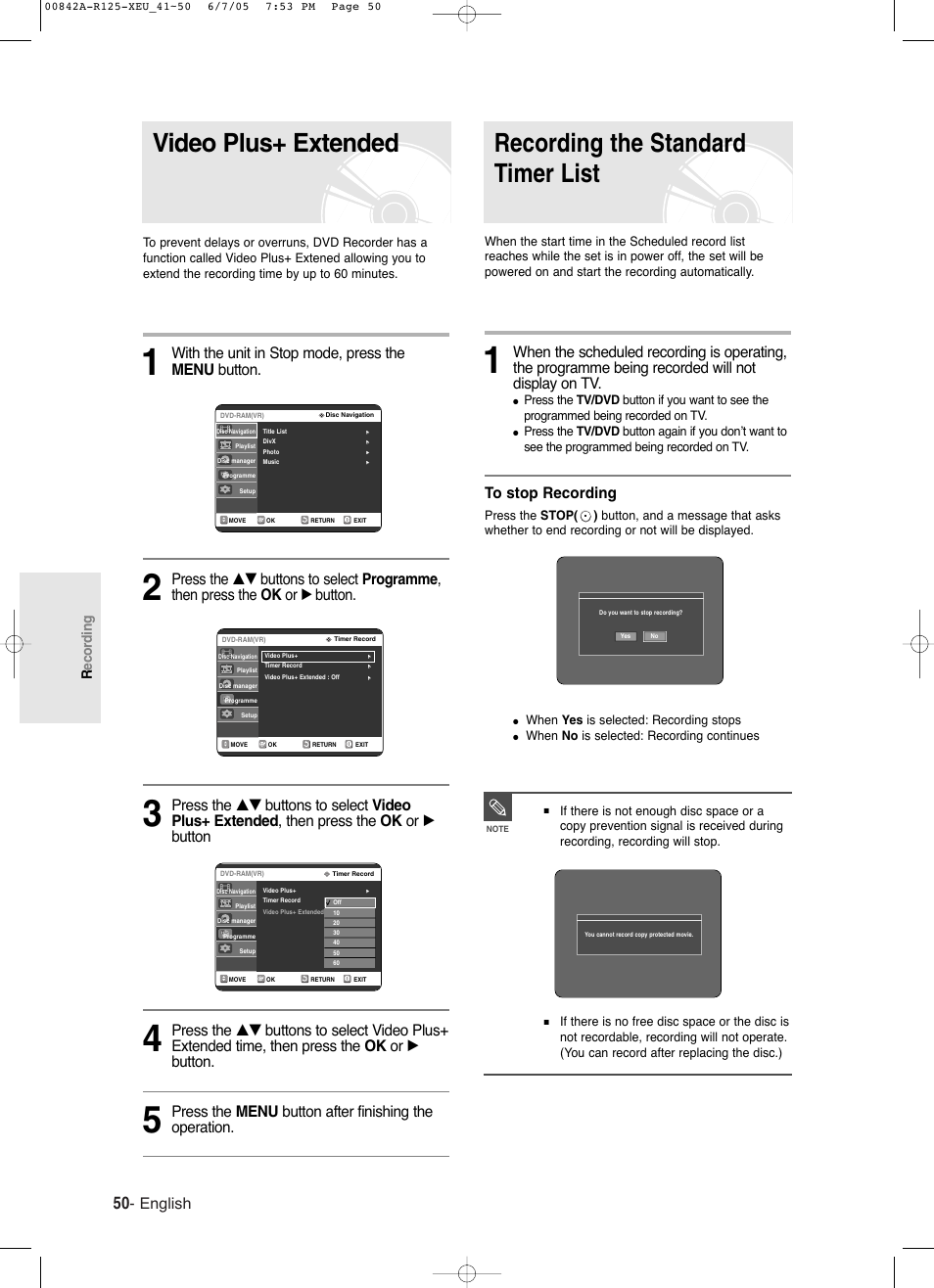 Video plus+extended, Recording the standard timer list, Video plus+ extended | English, With the unit in stop mode, press the menu button, Recording, When yes is selected: recording stops, When no is selected: recording continues | Samsung DVD-R125 User Manual | Page 50 / 93