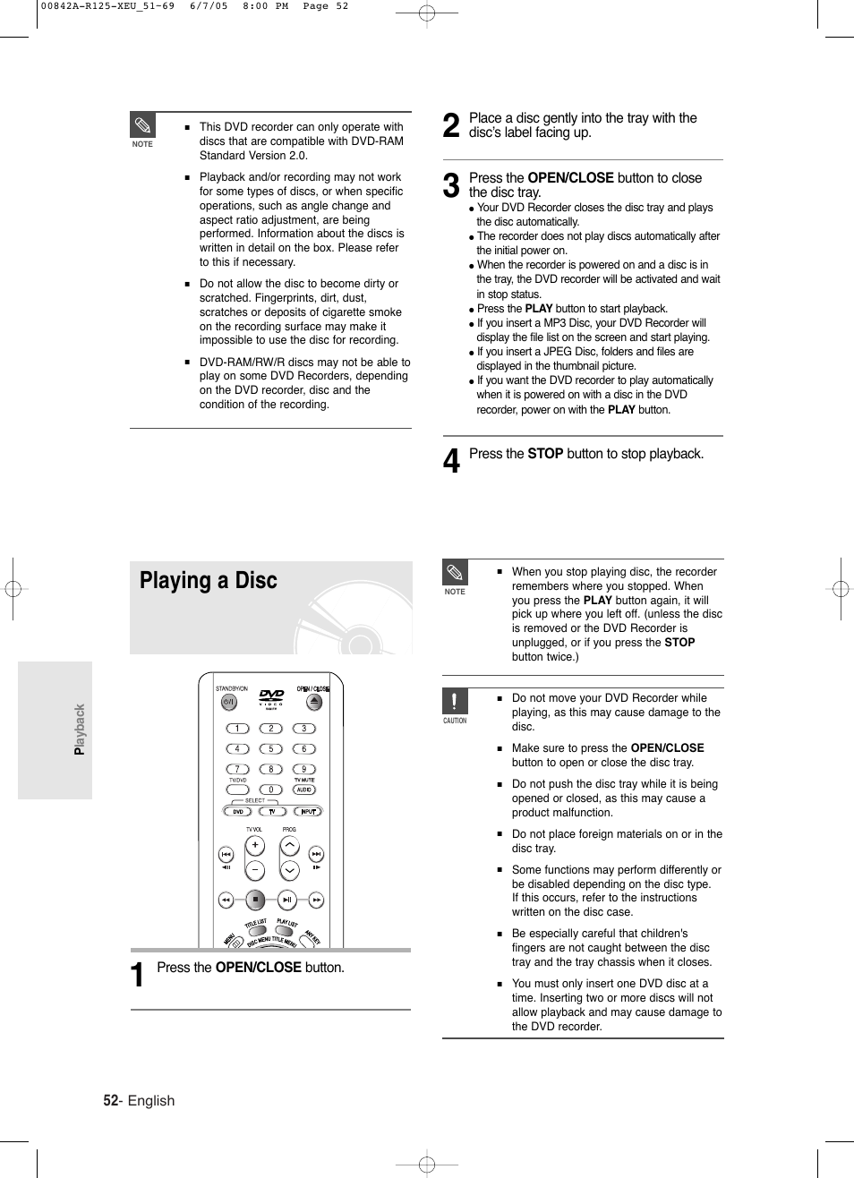 Playing a disc | Samsung DVD-R125 User Manual | Page 52 / 93