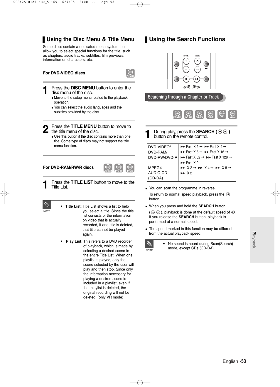 Using the disc menu & title menu, Using the search functions | Samsung DVD-R125 User Manual | Page 53 / 93