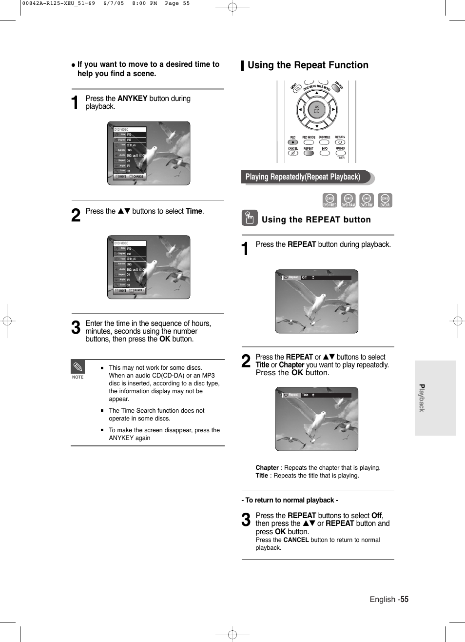 Using the repeat function, Using the repea, Using the repea t button t button | Playing repeatedly(repeat playback), English, Press the repeat button during playback, Press the anykey button during playback, Press the …† buttons to select time | Samsung DVD-R125 User Manual | Page 55 / 93