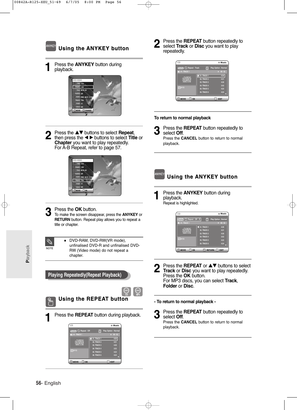 Using the, Using the anykey anykey button button, Using the repea | Using the repea t button t button, Playing repeatedly(repeat playback), English, Press the anykey button during playback, Press the ok button, Press the repeat button during playback, Press the repeat button repeatedly to select off | Samsung DVD-R125 User Manual | Page 56 / 93