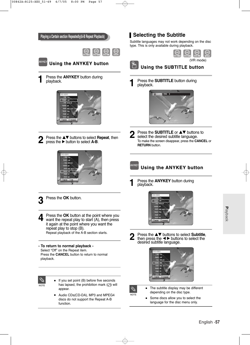 Selecting the subtitle, 57 using the using the anykey anykey button button, Using the subtitle button | Using the, Using the anykey anykey button button, English, Press the anykey button during playback, Press the ok button, Press the subtitle button during playback, Playback | Samsung DVD-R125 User Manual | Page 57 / 93