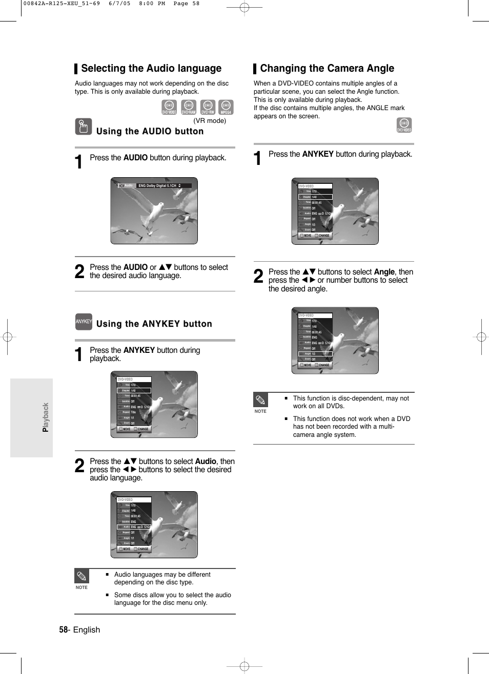 Selecting the audio language, Changing the camera angle, Using the | Using the audio button audio button, Using the anykey anykey button button, English, Press the anykey button during playback, Press the audio button during playback, Playback | Samsung DVD-R125 User Manual | Page 58 / 93