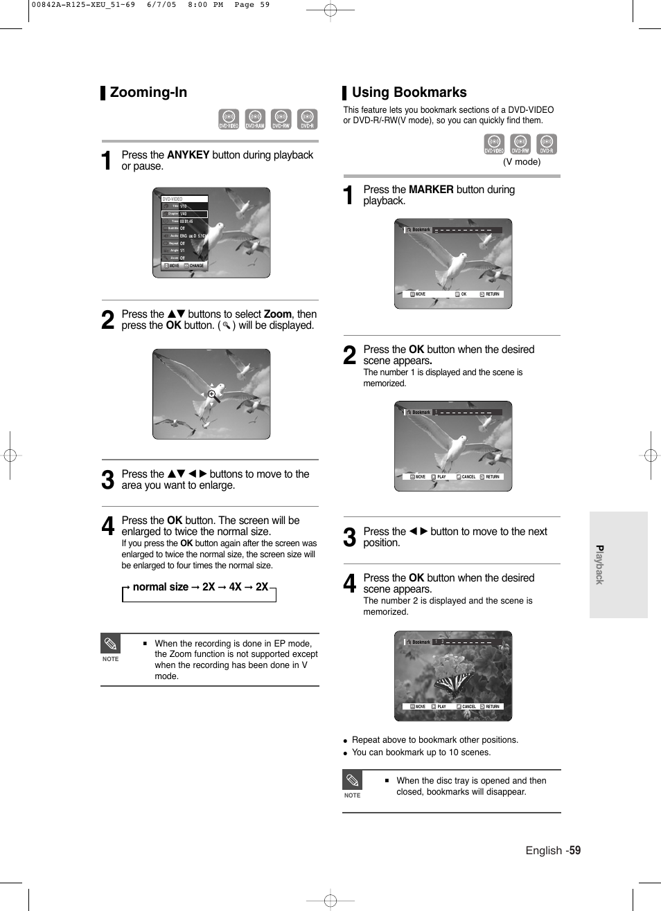 Zooming-in, Using bookmarks | Samsung DVD-R125 User Manual | Page 59 / 93