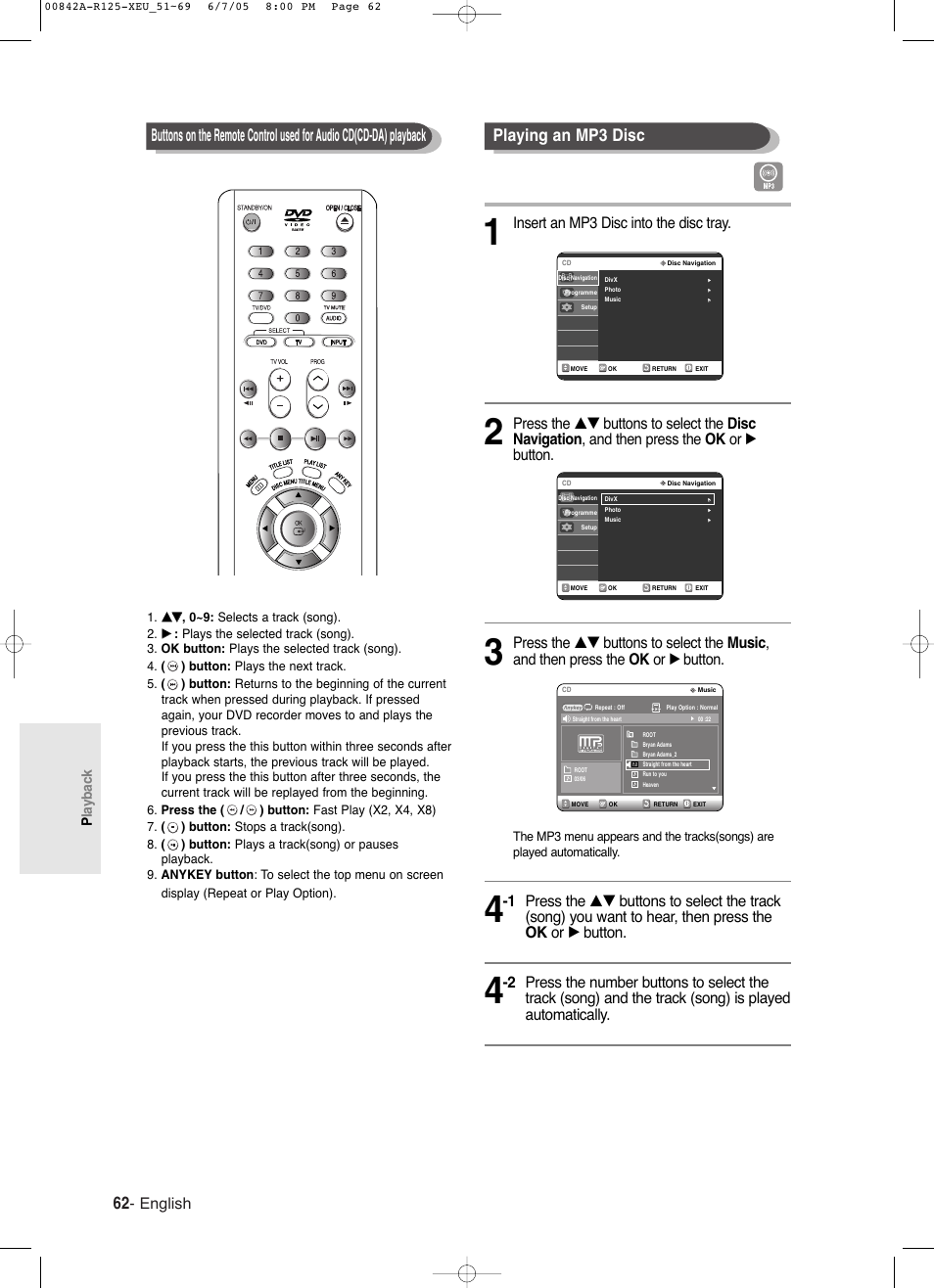 Playing an mp3 disc, English, Insert an mp3 disc into the disc tray | Playback | Samsung DVD-R125 User Manual | Page 62 / 93