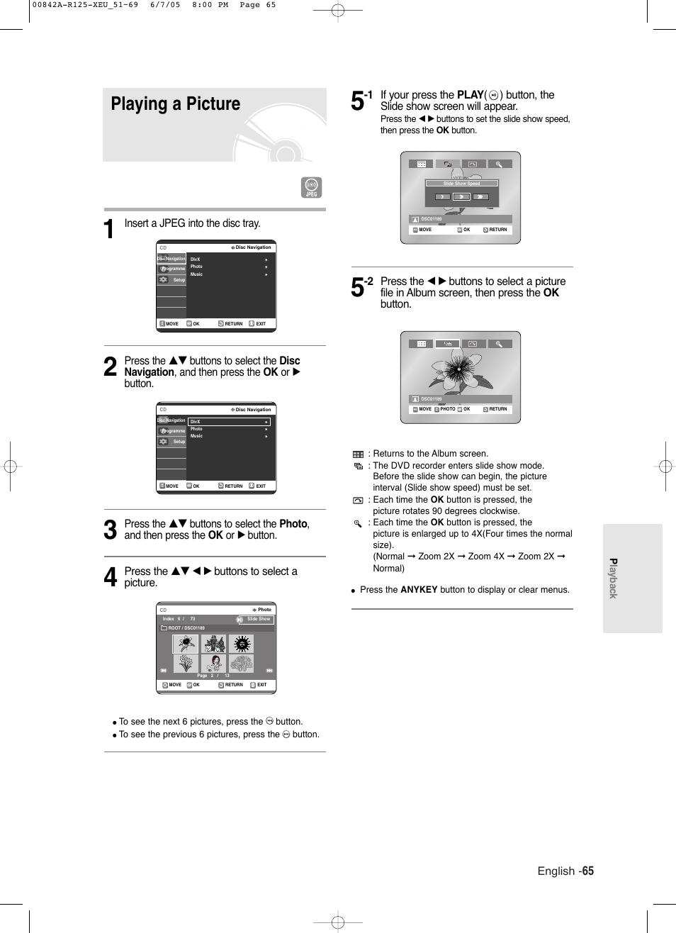 Playing a picture, English, Insert a jpeg into the disc tray | Press the …† œ √ buttons to select a picture, Playback | Samsung DVD-R125 User Manual | Page 65 / 93