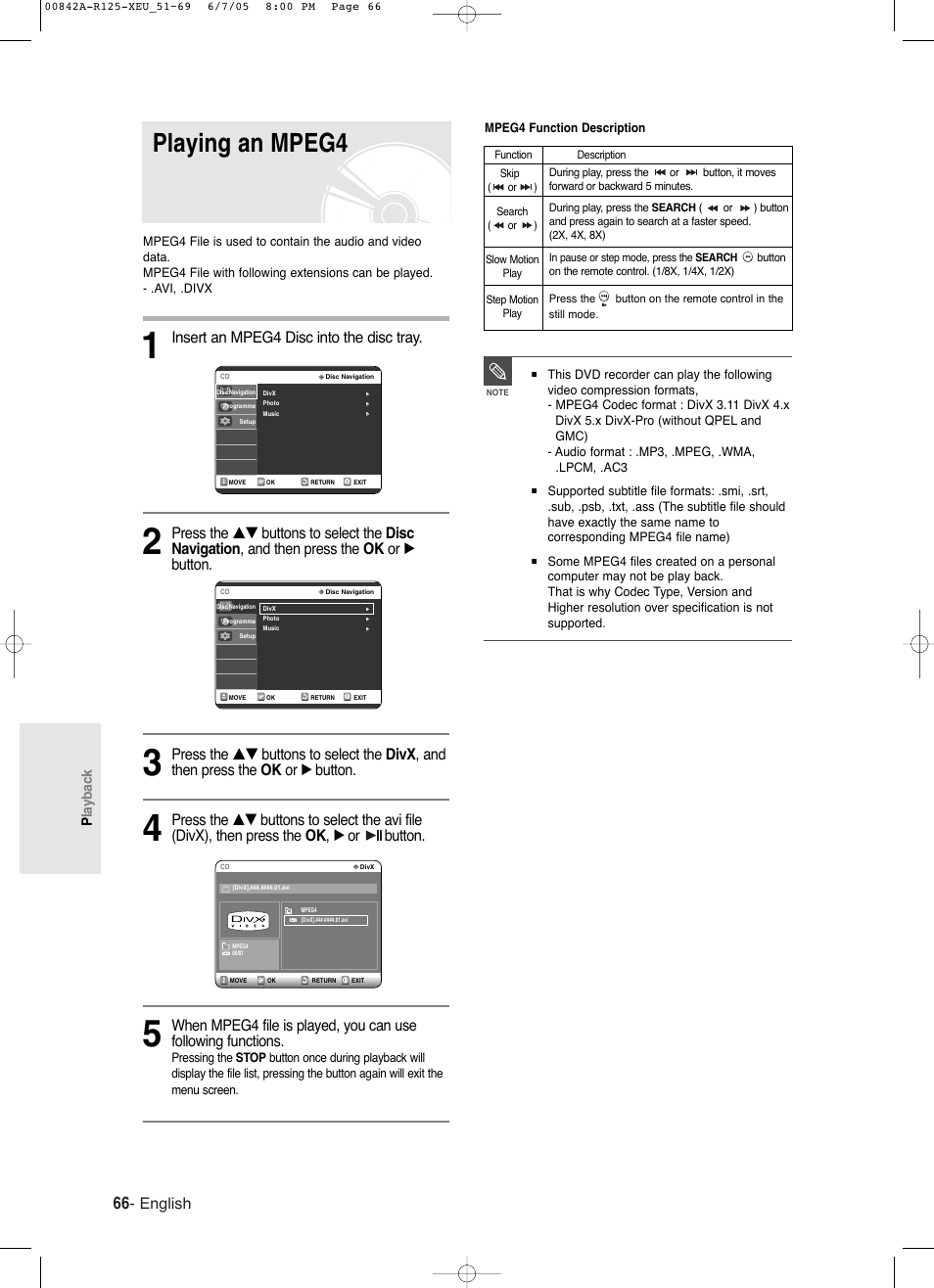 Playing an mpeg4, English, Insert an mpeg4 disc into the disc tray | Playback | Samsung DVD-R125 User Manual | Page 66 / 93